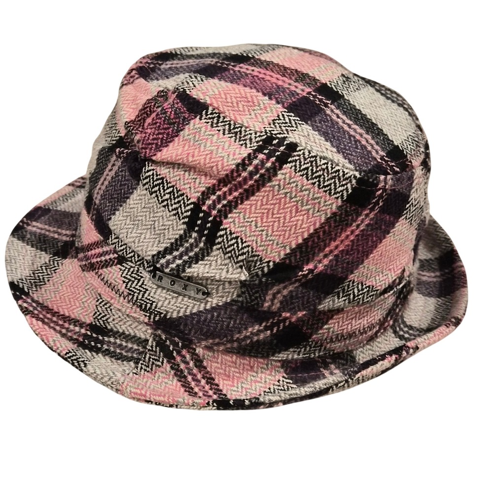 Vtg Y2K Roxy Pink Plaid Bucket Hat Wool Blend Tweed Fedora Cloche OS  D414098N